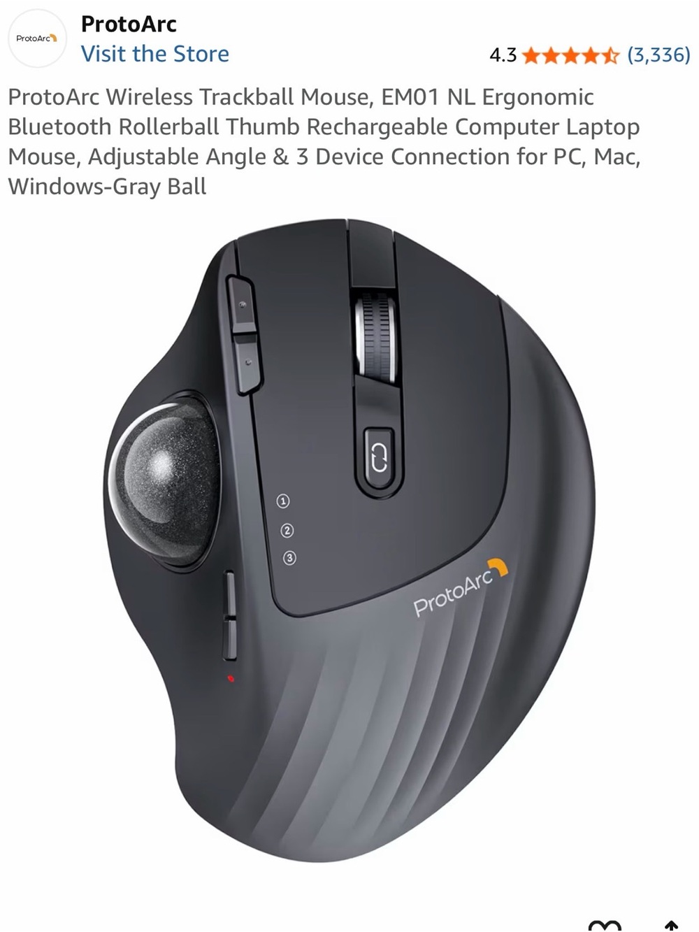 EM01 NL ProtoArc Gray Ergonomic Wireless Trackball Mouse